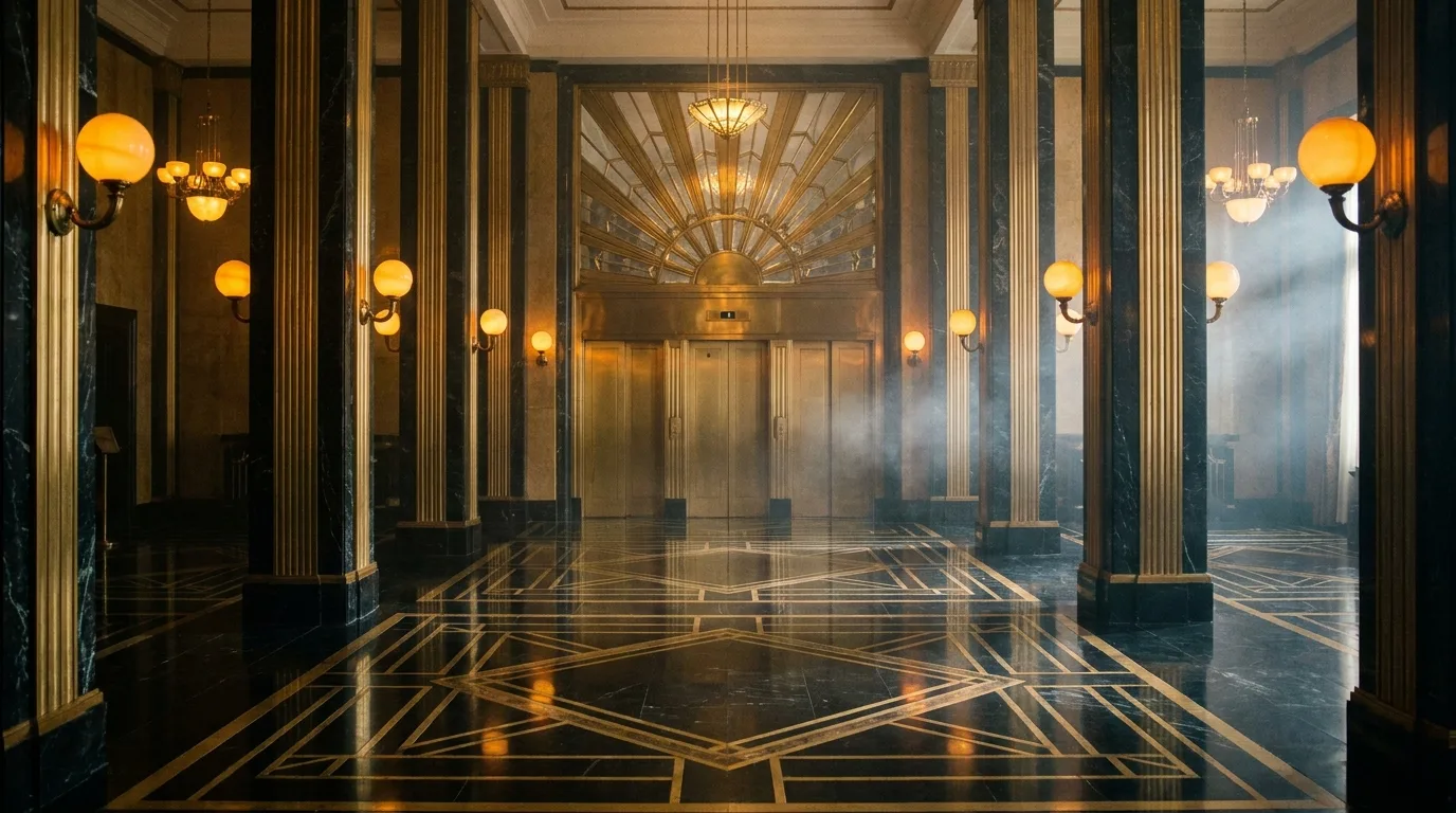 A colonnade of black-and-gold marble columns lit by opaline globe sconces, leading to bronze elevator doors beneath a fan-vaulted ceiling.