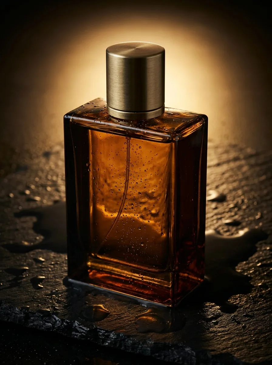 The Ambre Rouge flacon lit from behind by a warm golden halo, condensation across dark stone.